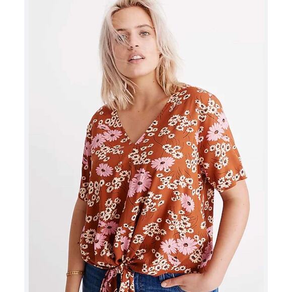 Madewell Hillside Daisies Brown Floral Tie Front V-Neck Short Sleeve Top Size M - Picture 1 of 7